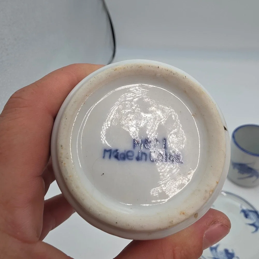 Pier 1 Blue White Koi Fish Ceramic Tea Tumblers and Espresso Cup Saucer Set